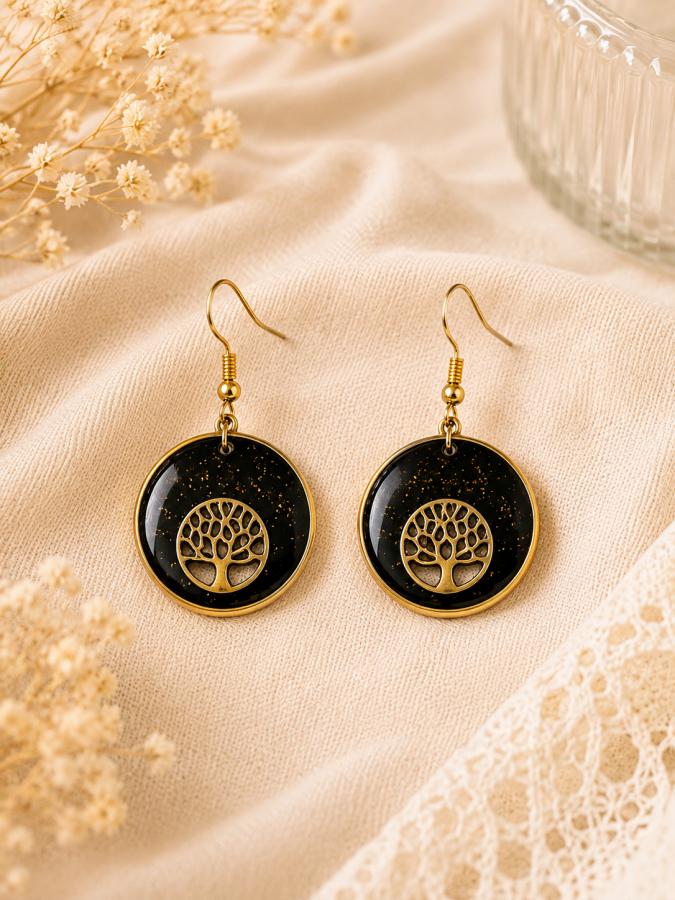 Boucles d’oreilles « Arbre de Vie Noir & Or »